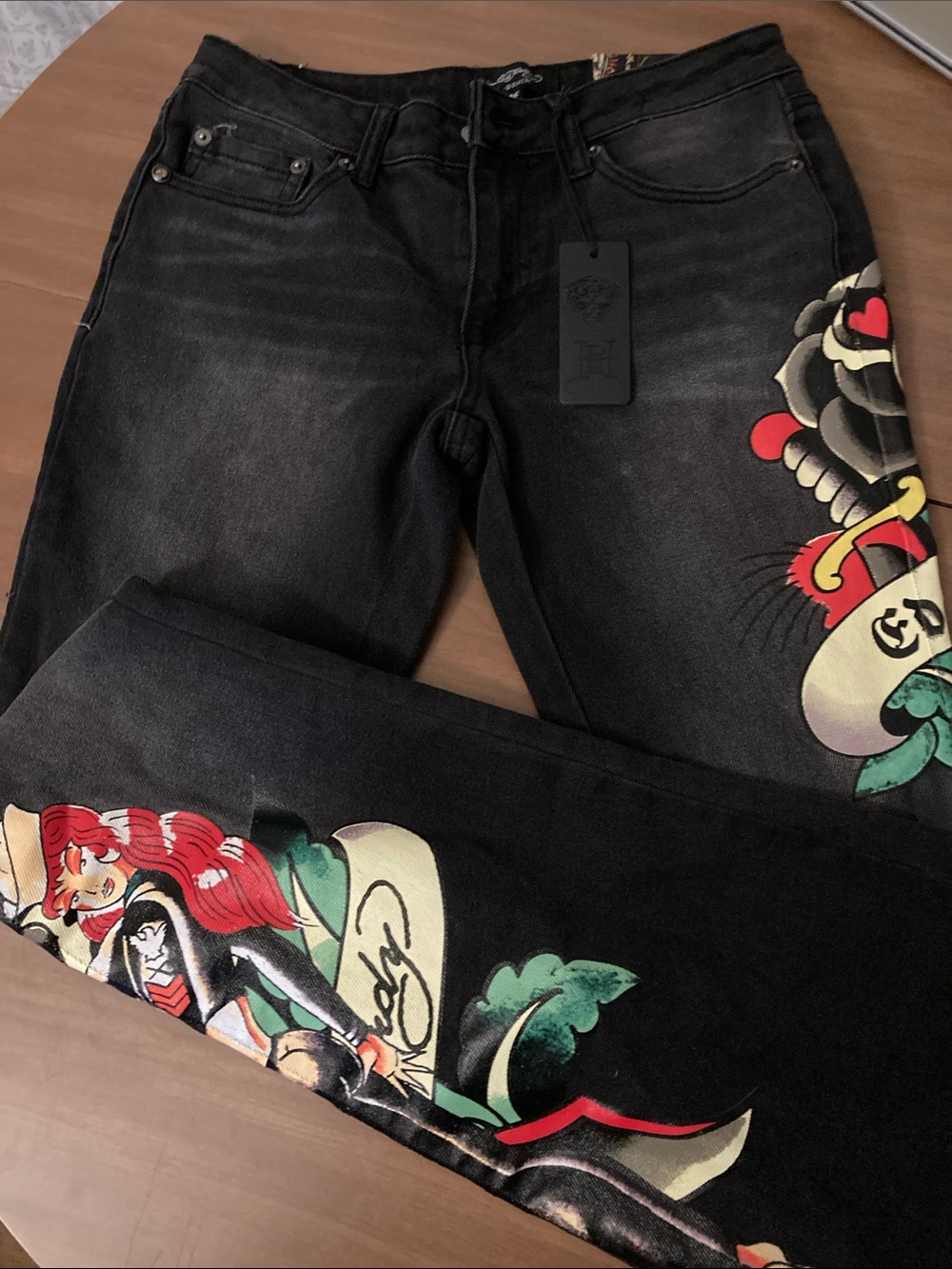 Ed Hardy Black Straight Jeans with Colorful Tattoo-Art Panels